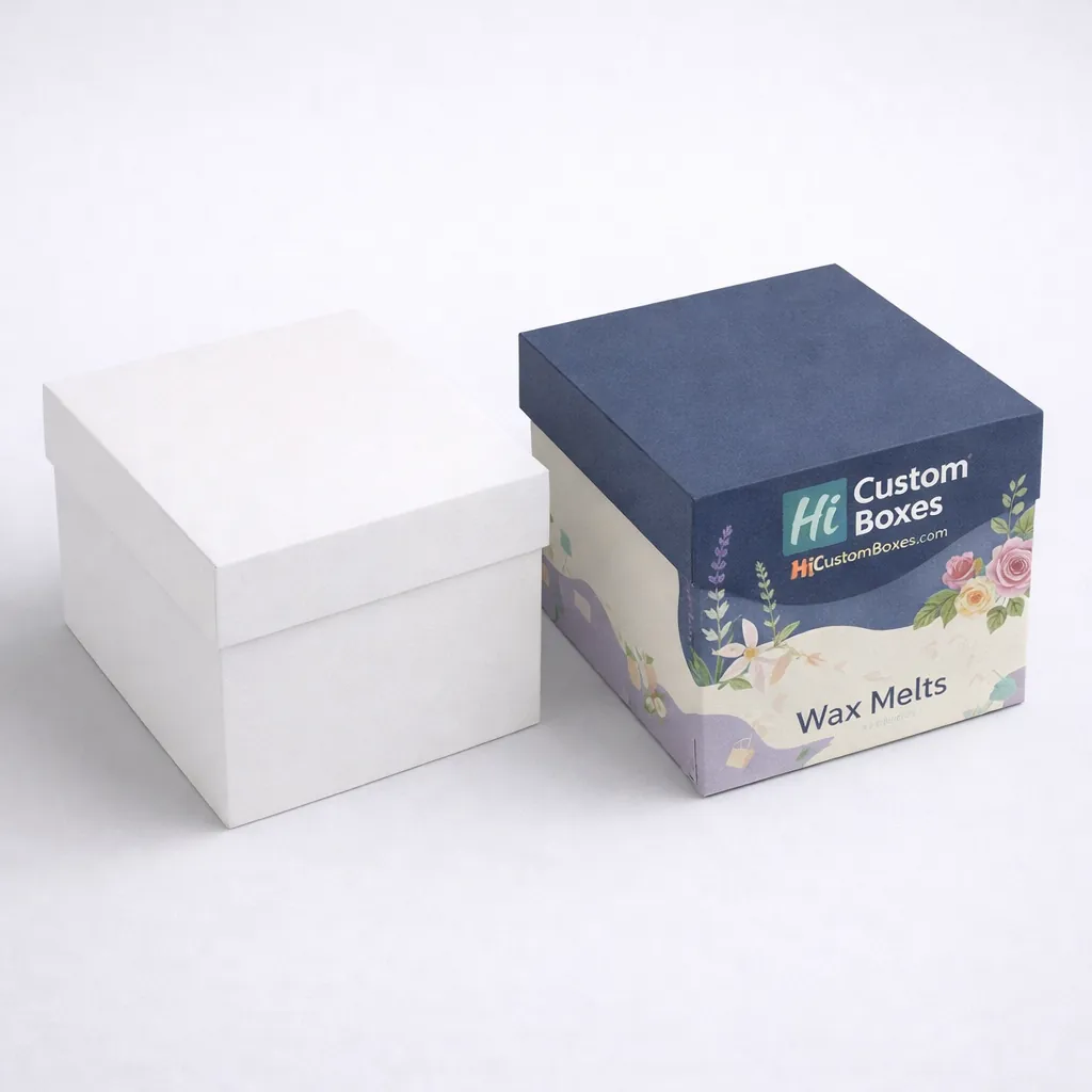 Two square wax melt gift boxes, one plain white and one featuring navy floral branding. class=